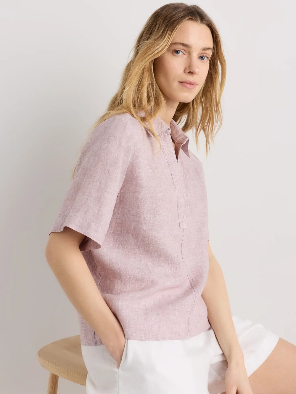 Quince | 100% European Linen Short Sleeve Popover Top In Vintage Pink Chambray - Picture 5 of 15